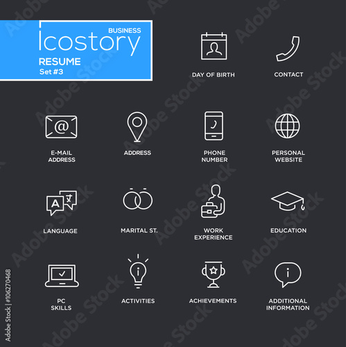 Modern resume simple thin line design icons, pictograms set