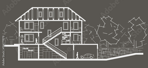 Architectural linear sketch tree level house. Sectional drawing on gray background