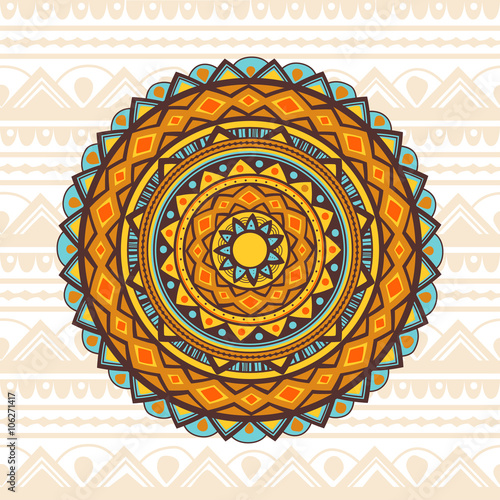 Color bright isolated Mandala Om symbol on round ornaments seamless patterns with elephants. Indian, African, Thai, spirituality, boho design. Ethnic background. Can use for textile, card