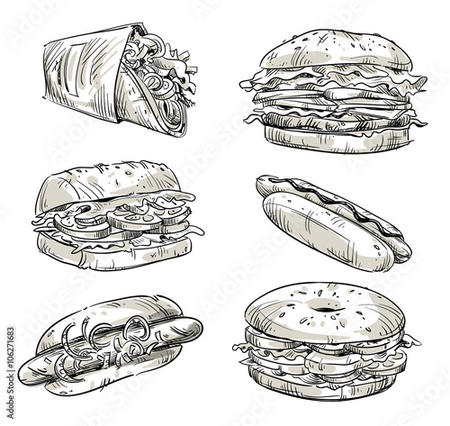 Sandwiches. Fast food. Snacks. Vector sketch.