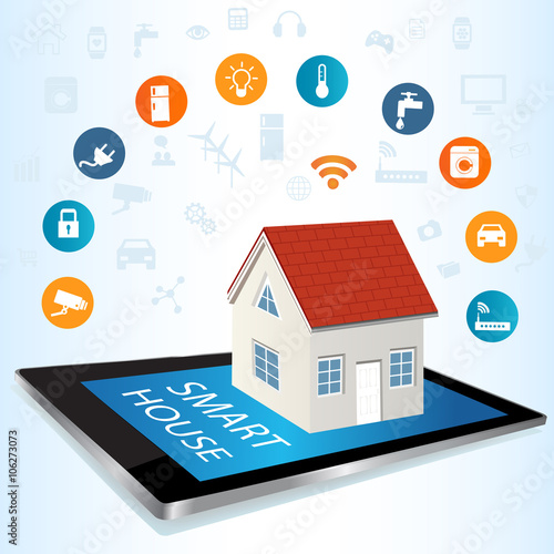 Modern digital tablet PC with Smart House Apps. Internet of things concept illustration.Controlling your home appliances with tablet Apps .Smart house technology system with centralized control.