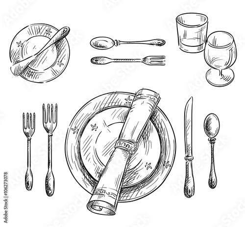 Table setting. Vector sketch.