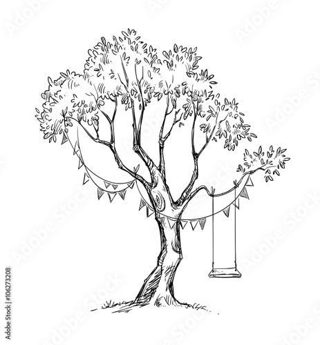 Tree and swing. Vector sketch.