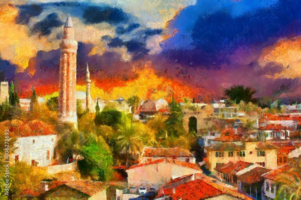 Fototapeta premium Image in painting style of a View of Kaleici Antalya Turkey