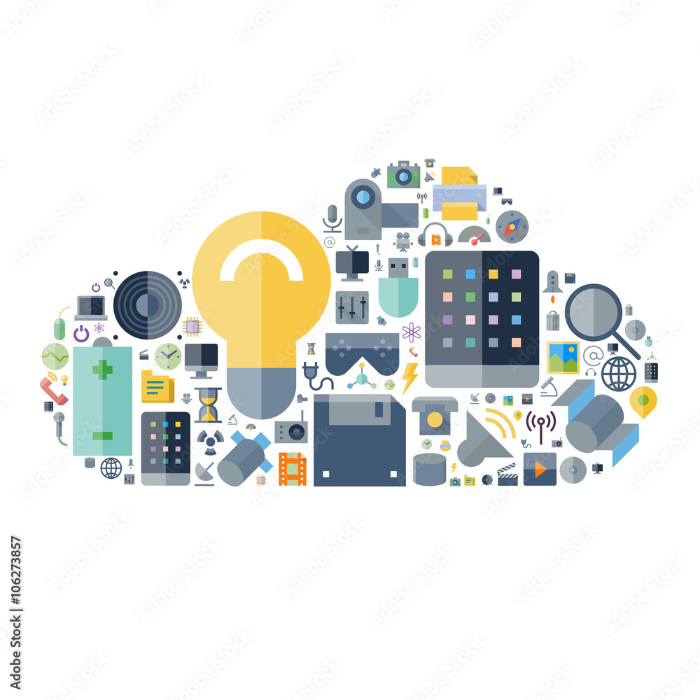 Icons for technology and devices arranged in cloud shape Icons for technology and devices arranged in cloud shape