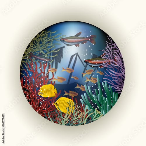 Underwater card with old ship, vector illustration