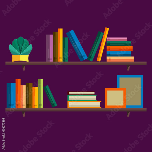 Illustration of bookshelfon wall with books in vector  flat style.