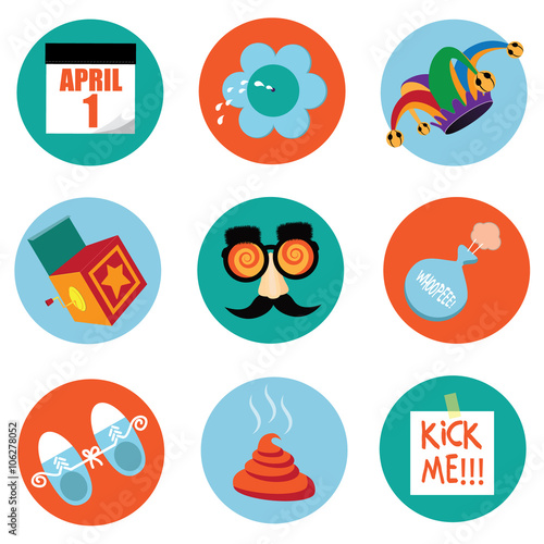 April Fools Day round icon symbol stickers. EPS 10 vector illustration.