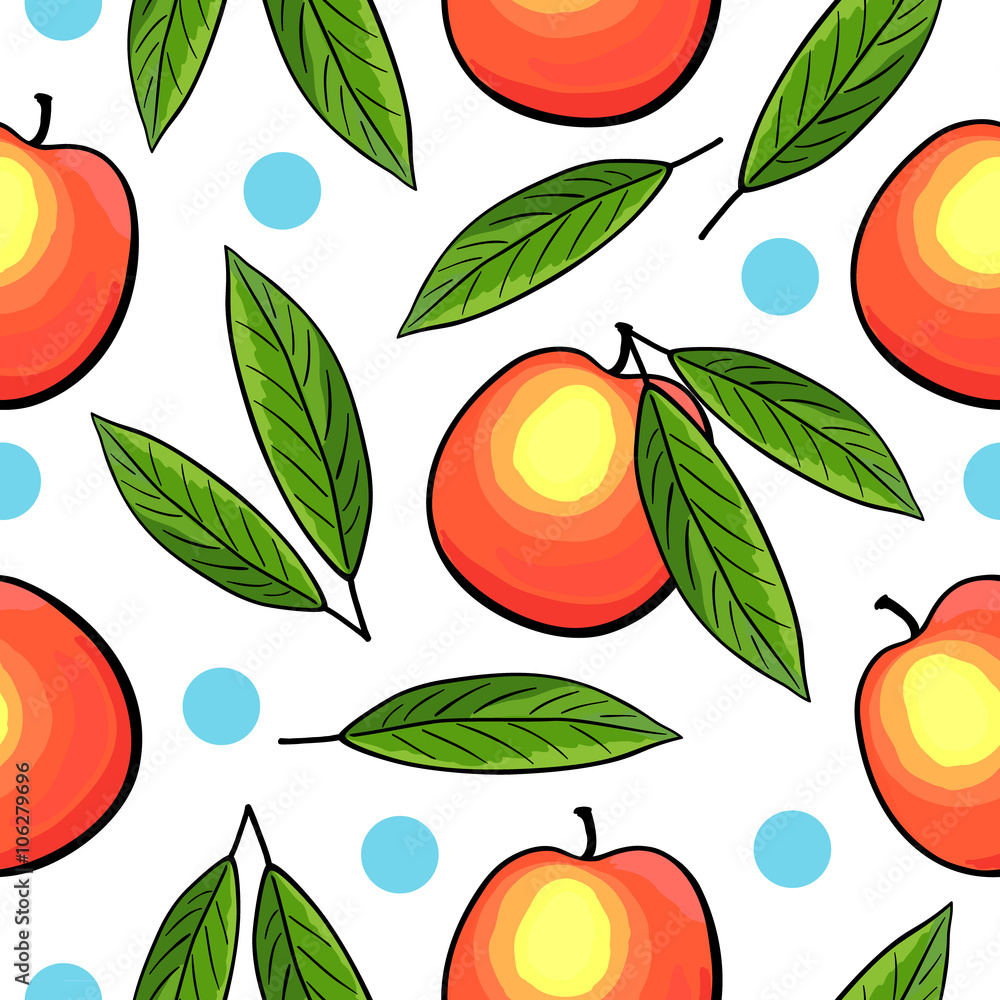 Seamless peach pattern with leaves.