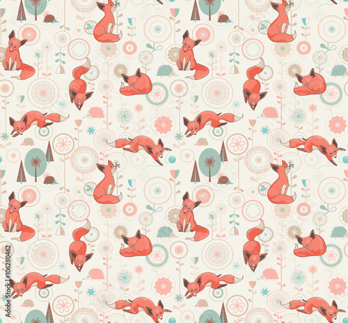 Cute seamless pattern in cartoon style with foxes.