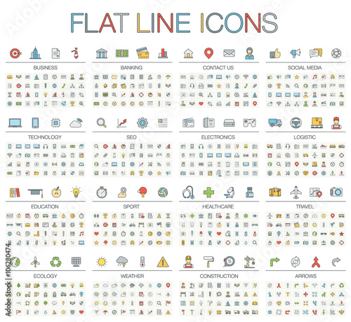 Vector illustration of thin line color icons business, banking, contact us, social media, technology, logistic, education, sport, medicine, travel and weather. Flat symbols set