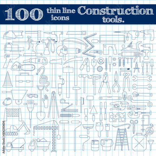 Construction icons - drill, perforator and other tools. Thin line set of 100 in blue colors on notebook.