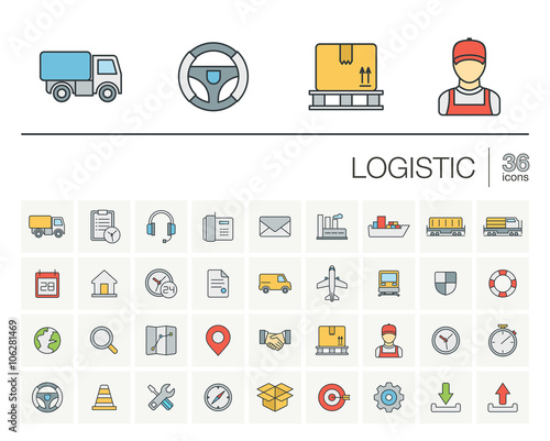 Vector thin line icons set and graphic design elements. Illustration with Logistic, delivery business, distribution outline symbols. Service, export, shipping, transport linear pictogram