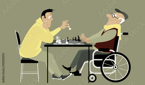 Elderly man in a wheelchair playing chess with a young guy and winning, EPS 8 vector illustration, no trasparencies