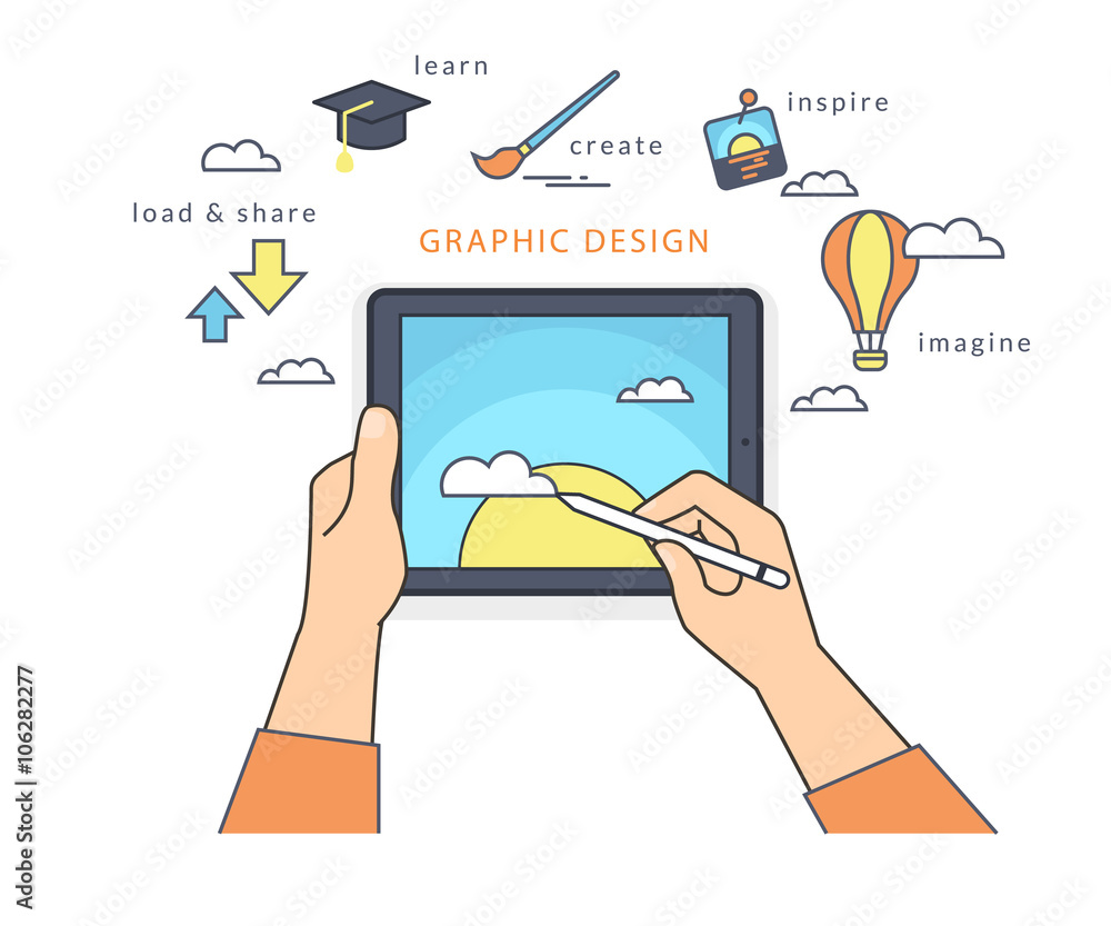 Human hand holds a tablet pc and draws a picture on the screen. Flat line contour illustration of designer working process with symbols such as learning and sharing, inspiration and imagination Human hand holds a tablet pc and draws a picture on the screen. Flat line contour illustration of designer working process with symbols such as learning and sharing, inspiration and imagination