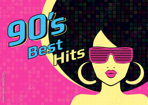 Best hits of 90s illistration with disco woman wearing glasses on pink background. Bright illustration for retro party flyer or poster