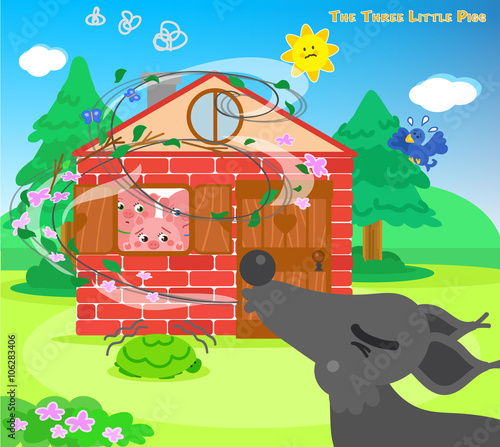 The three little pigs are hiding in the bricks house while the big bad wolf is blowing
