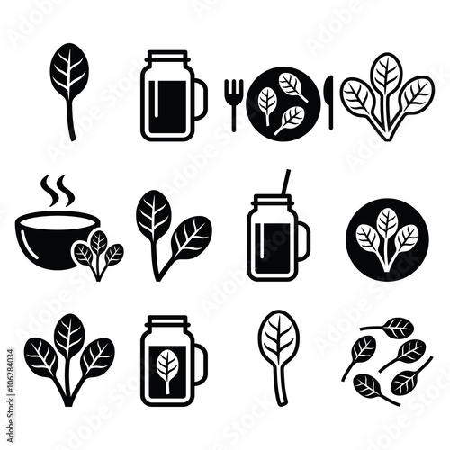 Spinach, healthy food - green smoothie icons set
