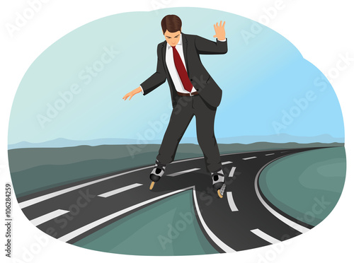 Businessman in suit on rollerblades has to choose between two paths. Business crossroad. Strategic planning.