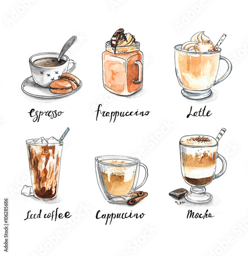 Collection of different coffee - espresso, frappuccino, latte, iced coffee, cappuccino, mocha