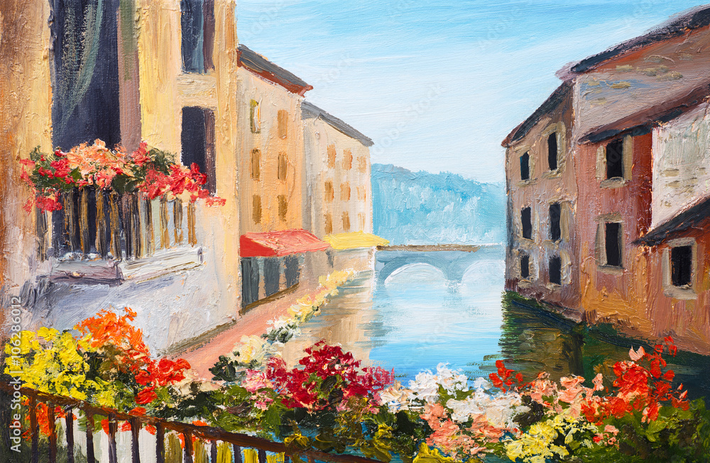 Fototapeta premium oil painting, canal in Venice, Italy, famous tourist place