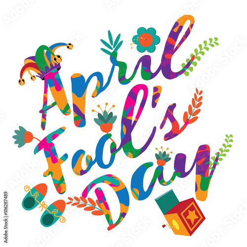 April Fools Day text and funny gag items. EPS 10 vector illustration.