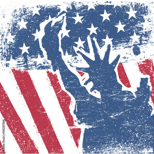 American flag and liberty statue silhouette grunge background