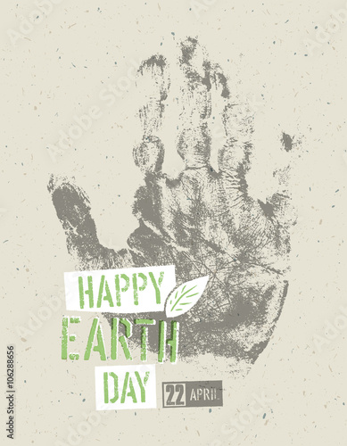 Happy Earth Day Poster. Symbolic hand-print on the recycled pape