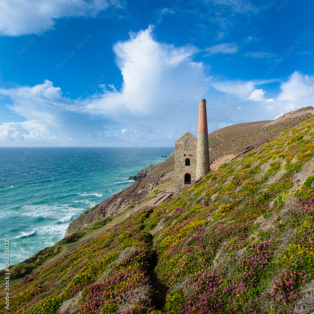 The derelict Towanroath Pumping Engine House at Wheal Coates between St Agnes and Porthtowan in North Cornwall.