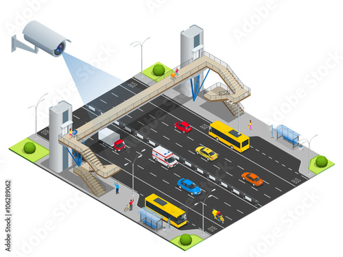 Security camera detects the movement of traffic. CCTV security camera on isometric of traffic jam with rush hour