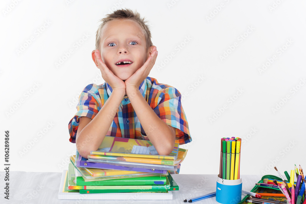 Funny school boy smiling without milk tooth Funny school boy smiling without milk tooth