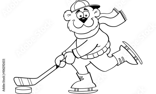 Canvas Print Black and white illustration of a bear playing hockey.