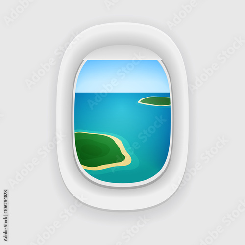 Vector aircraft porthole, window with a travel destination