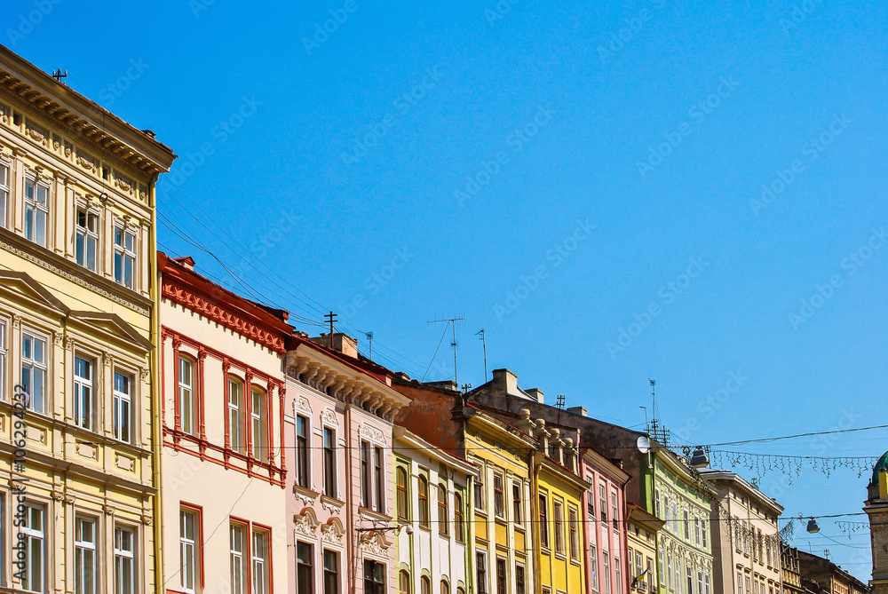 Colorful old houses in the Lviv city, Ukraine