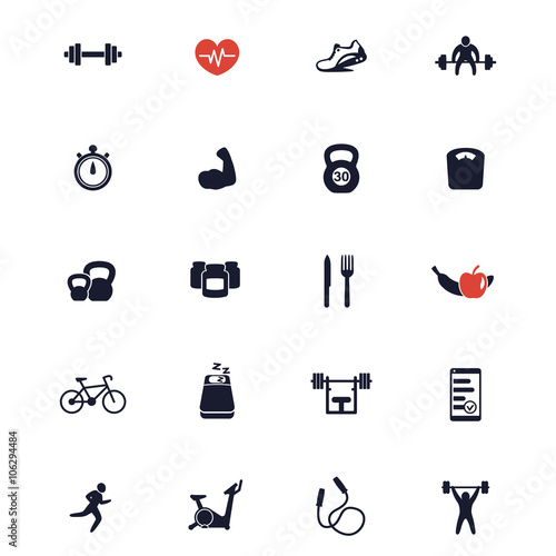 20 fitness icons, active lifestyle, fitness vector icons, gym, sport, workout, training icons, fitness signs isolated on white, vector illustration