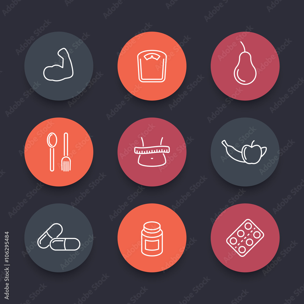 Diet, nutrition line round icons, pictograms, vector illustration Diet, nutrition line round icons, pictograms, vector illustration