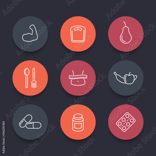 Diet, nutrition line round icons, pictograms, vector illustration