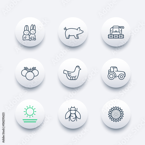 Farm, ranch line icons, tractor, harvester, hen, pig, crop, vegetables modern icons, vector illustration