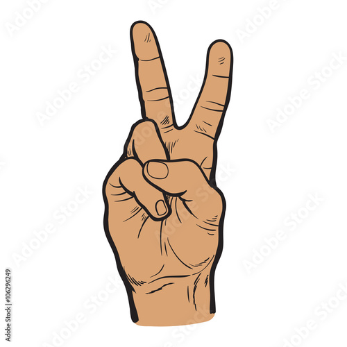 Painted hand. Contour vector hand. Isolated hand with V. Two fingers. Number two. Hand showing two. 