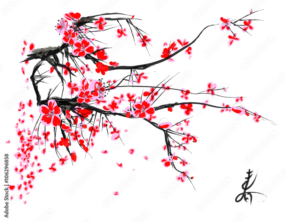Realistic sakura blossom - Japanese cherry tree isolated on white background. Vector illustration