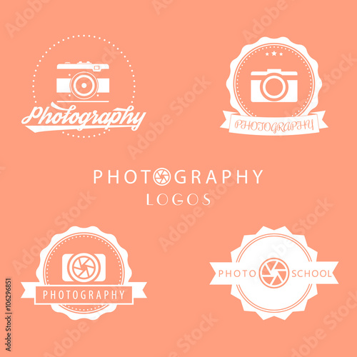 photography logos, photo school, photographer logo, emblems, photography signs, white on orange, vector illustration