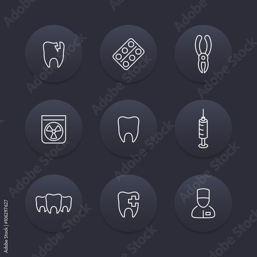 Tooth, dental care line icons, dental pliers, toothcare, stomatology, tooth pictogram, dark round icons set, vector illustration