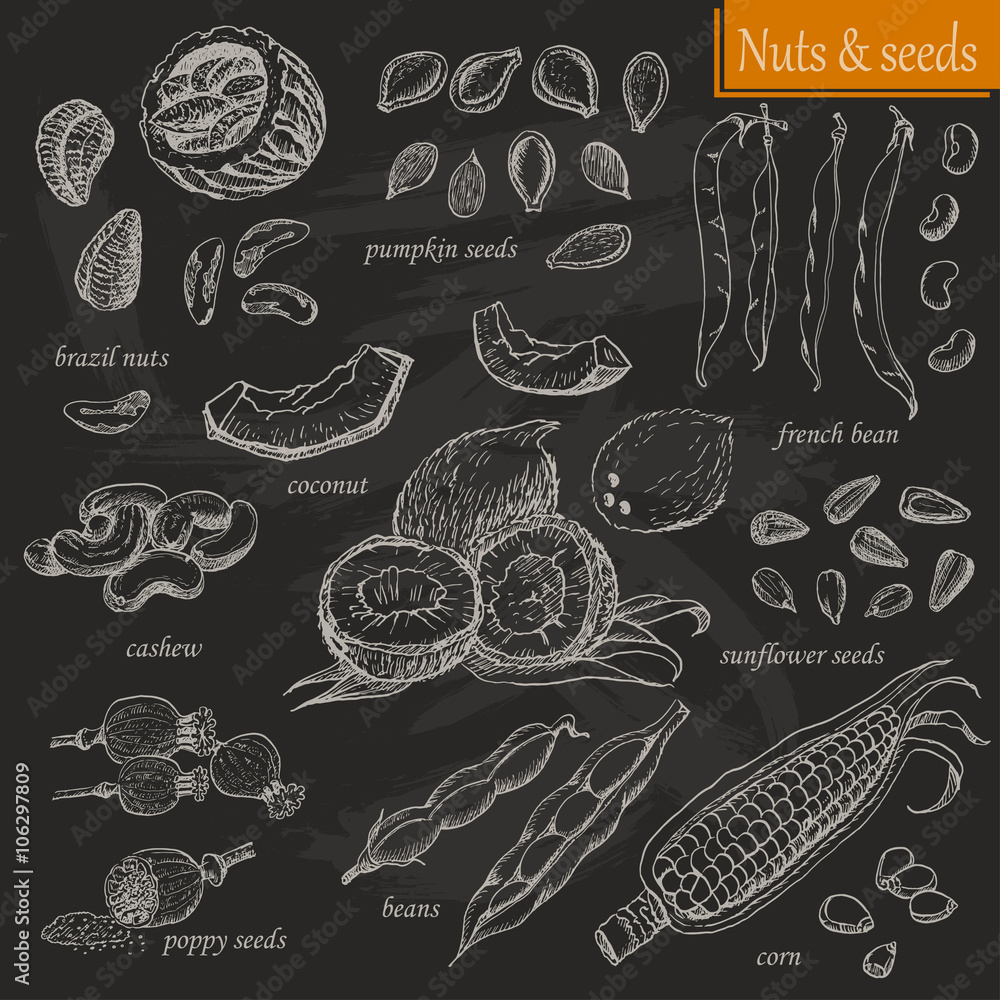Collection of nuts and seeds on the black ba?kground Collection of nuts and seeds on the black ba?kground
