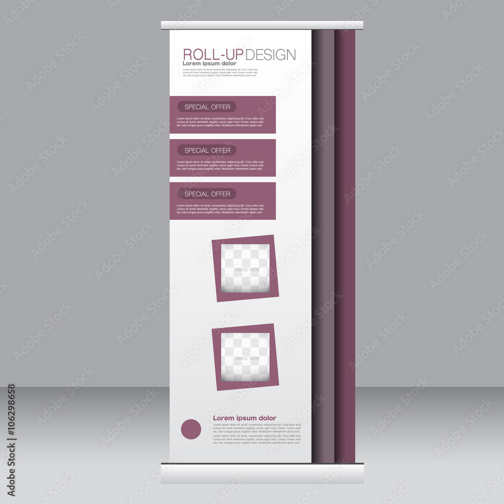Roll up banner stand template. Abstract background for design, business, education, advertisement. Purple color. Vector illustration. Roll up banner stand template. Abstract background for design, business, education, advertisement. Purple color. Vector illustration.