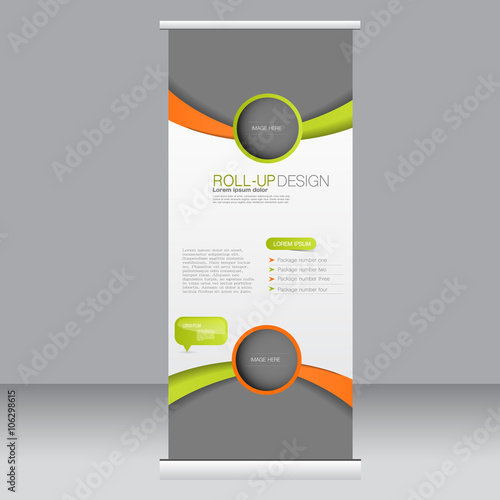 Roll up banner stand template. Abstract background for design,  business, education, advertisement. Orange and green color. Vector  illustration.