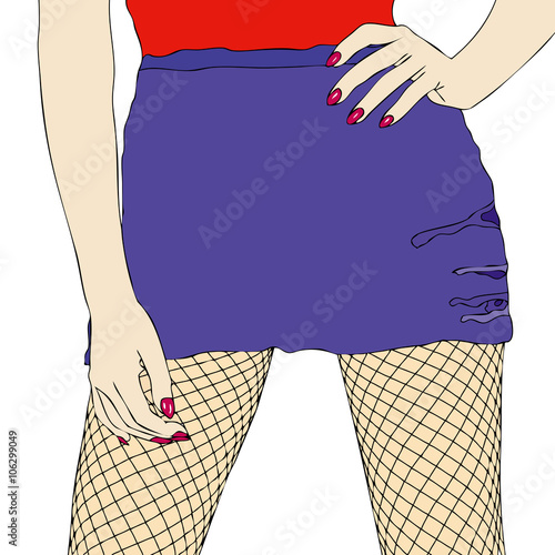 In fishnet stockings with the skirt