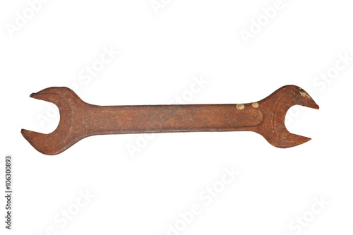 Old rusty wrench isolated on white background