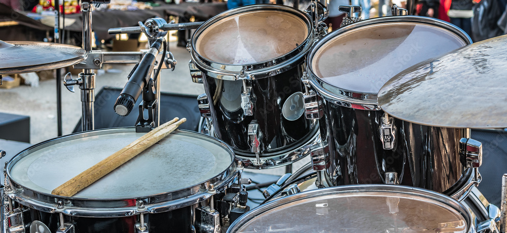 Drums few minutes before concert starts. / Photography is taken on small local stage before rock concert in Ston, Croatia. Drums few minutes before concert starts. / Photography is taken on small local stage before rock concert in Ston, Croatia.