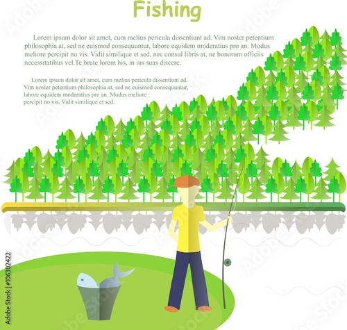 Typography banner Fishing, Lorem ipsum. Fishing with a fishing rod, a bucket of fish, river, forest on white. Design element, vector