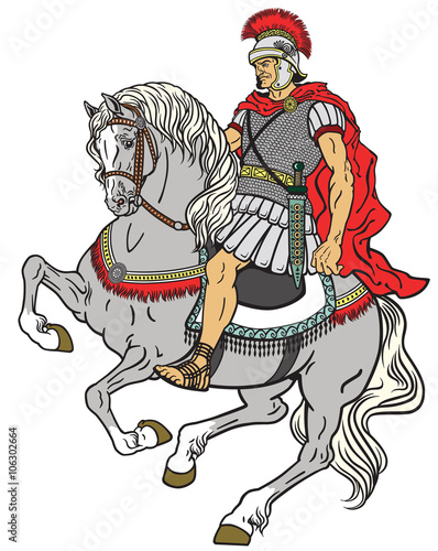 roman warrior riding the horse isolated on white